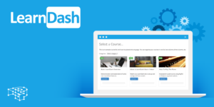 LearnDash logo on light blue background with image of laptop using LearnDash