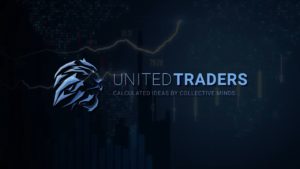 Lion logo over blue data visualization image: United Traders Calculated Ideas by Collective Minds